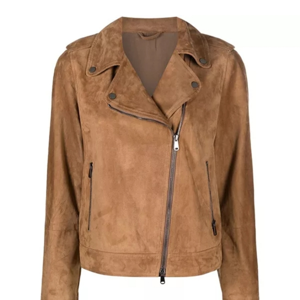 WOMENS BROWN SUEDE MOTTO GENUINE LEATHER JACKET 2X